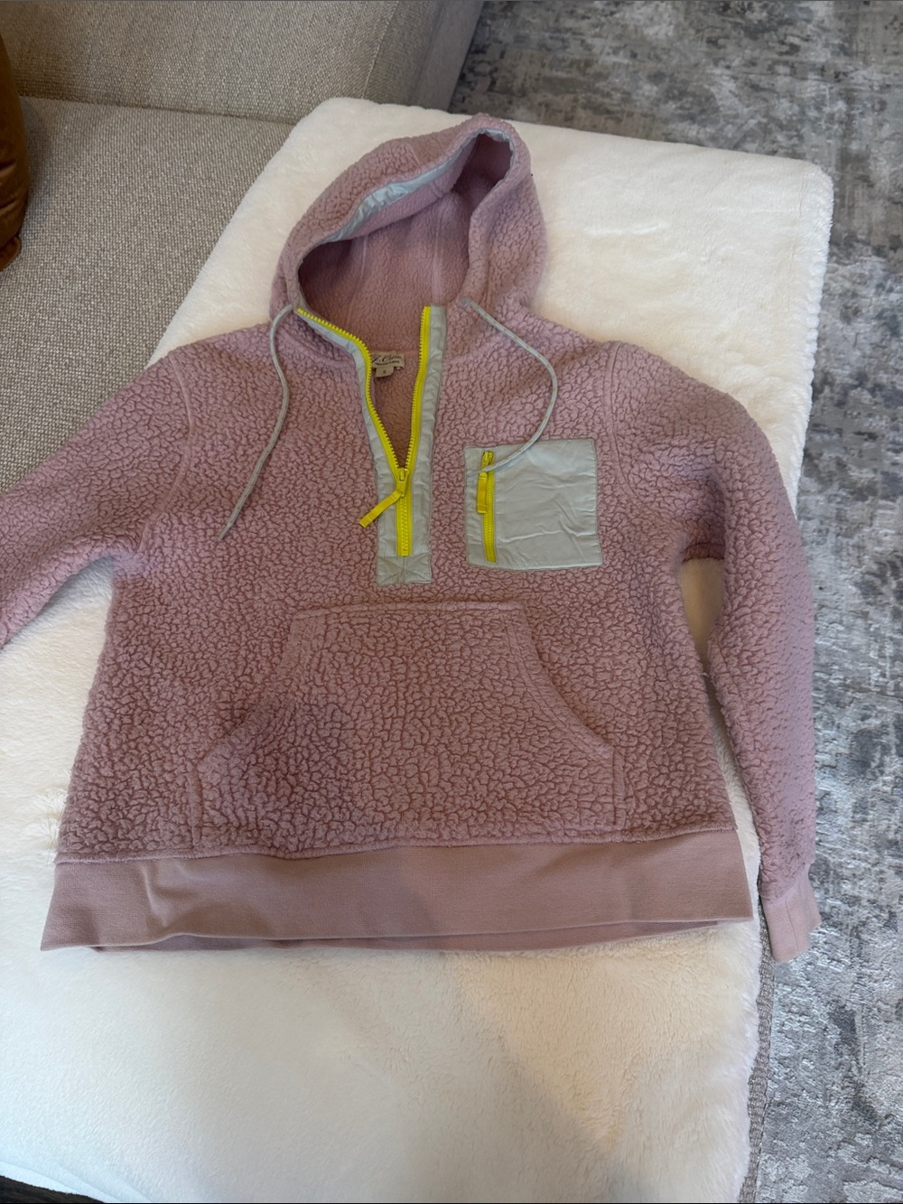 J. Crew Pink Sherpa Half-Zip Hoodie with Yellow Zipper Accents